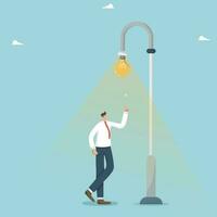 Show creativity and use intellect and wisdom to solve business problems, the thought process and imagination, gaining new knowledge, a brilliant idea to achieve goals, man thinks under a street lamp. vector