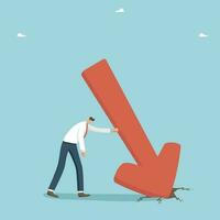 Financial difficulties, decrease in the value of business or company shares, stock market crash, economic crisis, business failure and loss of cash, lose investments, a man stands near a fallen arrow. vector