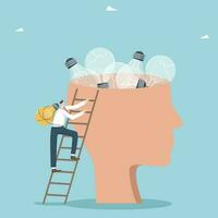 Creative approach to solving problems, brainstorming and searching for brilliant ideas to open a new business, introducing innovations for profit, man changes old light bulbs in a human head for new. vector