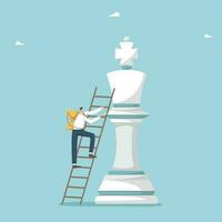 Concept of victory, success or achievement in work or study, getting a high position in work, choosing a winning strategy to defeat a competitor, man with a goblet climbs the stairs to the chess piece vector