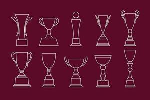 Vector set of award cups in the form of silhouettes of lines on a burgundy background. EPS10