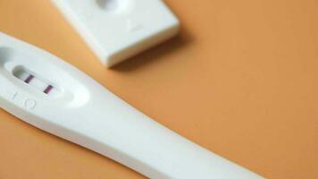 Pregnancy test kit with positive result on color background video