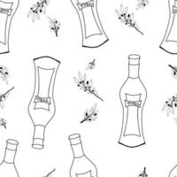 Seamless pattern with hand drawn doodle martini vermouth bottle with olive branch on the label. Black elements on a white background vector