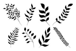 Set of hand drawn silhouettes of stems with leaves, herbs, grass and branches. Tree art design. Isolated black on white elements for design vector