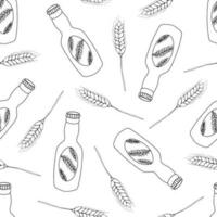 Seamless pattern with hand drawn doodle beer bottle with wheat ears on the label. Black elements on a white background vector