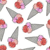 Doodle hand drawn cute ice cream in a cone with pink, red, lilac balls in a seamless pattern on a white background vector