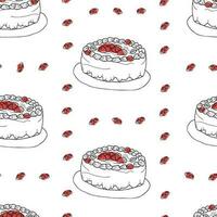 Seamless pattern with strawberry dessert. Doodle hand drawn strawberry cake with cream and berries in a seamless pattern on a white background vector