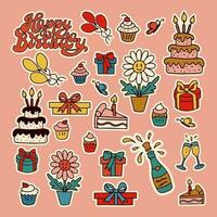 Retro styled hand drawn isolated set of stickers for birthday party. Cupcakes with cream, strawberries and cherries, champagne with wine glasses, birthday cake with candles, gifts Unique vector design