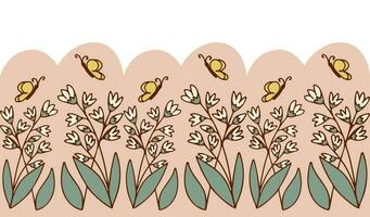 Floral decorating seamless border with butterflies. Vector cartoon outline illustration in retro colors. Sutable for decoration, food packaging, paper, cover, wallpaper, background