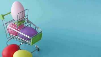 Easter concept with multi color egg with a shopping cart on color background video