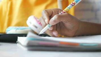 side view of child girl hand writing on notepad video