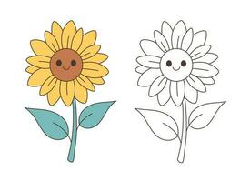 Cute Sunflower outline. Minimalist contour drawing. Coloring Page vector
