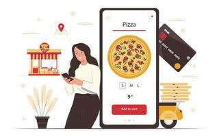 Food online order smartphone. Pizza delivery.Girl ordering pizza online and paying with card. Food delivery concept for banner, website design or landing web page. vector