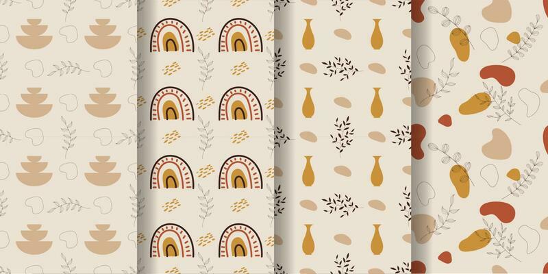 Aesthetic patterns. Boho patterns. Set of seamless pattern with  rainbows, sun, leaves, vase, dots and abstract shapes in boho and aesthetic style. Vector Illustration.