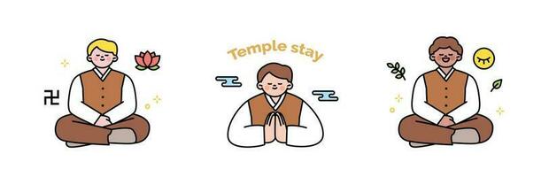 Foreigners experiencing a temple stay. vector