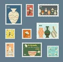 Collection of hand-drawn post stamps with clay art, crockery. Modern vector design boho style. Set of mail and post office isolated drawing