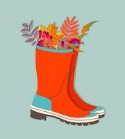 otoño hojas en par de un botas de agua composición. de moda vector lluvia botas y hojas. moderno ilustración diseño para web y impresión. otoño fiesta atmósfera concepto. hermosa par de rojo botas de agua