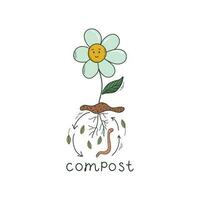 Flower in pile of ground, Composting process illustration. Zero waste, sustainable nature, planet conversation, ecological life concept. Doodle style vector illustration for poster, banner, sticker.