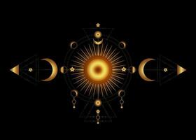 circulo de un Luna etapas y radiante sol, oro sagrado geometría. triple Luna pagano wiccan diosa símbolo. místico dorado sol, astrología, alquimia, boho y magia símbolos aislado en negro antecedentes vector