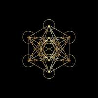 Gold Metatrons Cube,  Flower of Life. Sacred geometry, golden graphic element Vector isolated on black background. Mystic icon platonic solids, abstract geometric drawing, typical crop circles