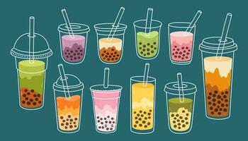 Bubble Milk Tea set. Milk tea with tapioca pearls. Boba tea. Asian Taiwanese drink. Hand drawn colored trendy vector. vector