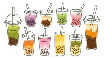 Bubble Milk Tea set. Milk tea with tapioca pearls. Boba tea. Asian Taiwanese drink. Hand drawn colored trendy vector. vector