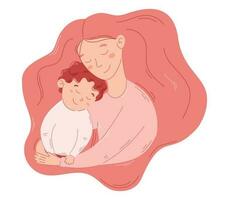 Flat vector isolated Mom and son hugging. Cute Young woman with lush hair embracing a child.