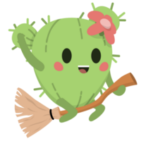 Cute Cactus Ride Flying Broom PNG Illustrations