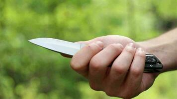 The knife in the hand of a man standing in the forest, the man opens the knife and closes it after checking its sharpness video