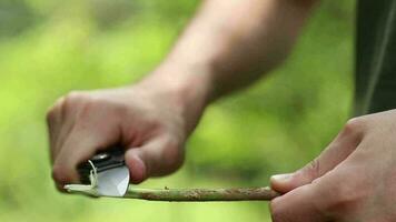 Man using knife in forest video