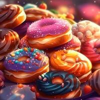 Sweet donuts with glaze and sprinkles. 3d illustration. photo