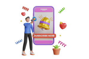 3d Subscribe now to our fans. Subscription notification with bell. Vlogger Asking For Subscribe. 3d illustration png