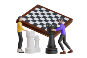 3D Two young man playing chess.  playing chess while spending time together at home. playing chess game. 3d illustration png