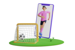 Assistir uma viver Esportes evento em seu Móvel dispositivo. futebol bola em futebol campo dentro Smartphone tela . futebol aplicativo. 3d ilustração png