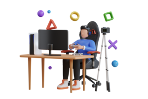 3D Illustration of professional gamer sitting in gaming chair. vlogger making and recording video for gaming channel. 3d illustration png