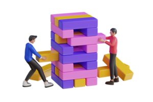 Jenga game. Wooden cubes block puzzle. Brick element tower and collapsed pile. playing Jenga at home. 3d illustration png