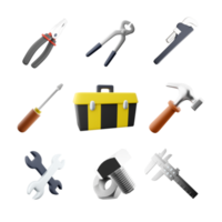 3d rendering pliers, construction tongs, straight pipe wrench, screwdriver, bolt and nut, tool box, hammer, two wrenchs, calipers icon set. 3d render construction concept icon set. png