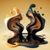 Black and brown liquid with splashes on a yellow background. 3d rendering. photo