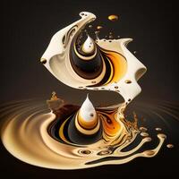 Black and brown liquid with splashes on a yellow background. 3d rendering. photo