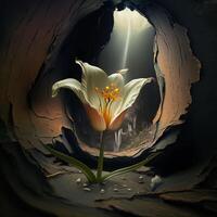 Lily flower in a hole in the wall, 3d illustration. photo