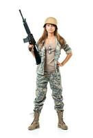 Soldier young beautiful girl dressed in a camouflage with a gun in his hand on white photo