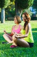 dos linda joven muchachas relajante al aire libre foto