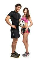 Athletic man and woman with ball on the white photo