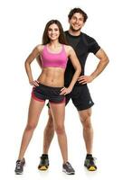 Sport couple - man and woman after fitness exercise on the white photo