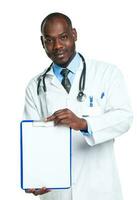 Young male smiling doctor showing clipboard with copy space for text on white photo