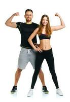 Athletic man and woman after fitness exercise on the white photo