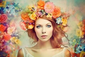 Beautiful woman with spring flowers, created with photo