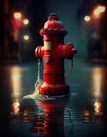 rojo fuego boca de aguas en el inundado calle, creado con generativo ai foto
