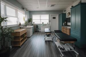 Occupational therapy room with treatment beds, created with photo