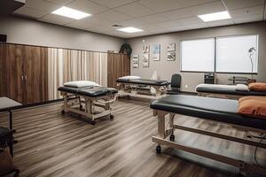 Occupational therapy room with treatment beds, created with photo